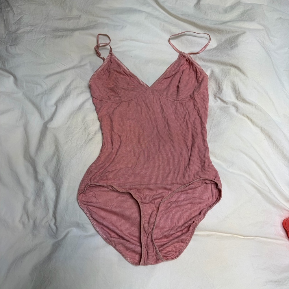 American Apparel Pink Ribbed V-Neck Bodysuit